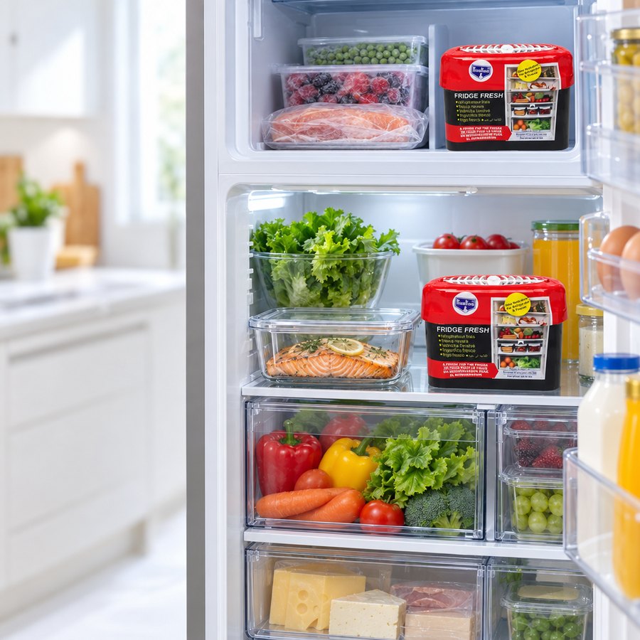 Refrigerador abierto con comida fresca y dos cajas absorbe olores, una en la repisa y otra en el congelador