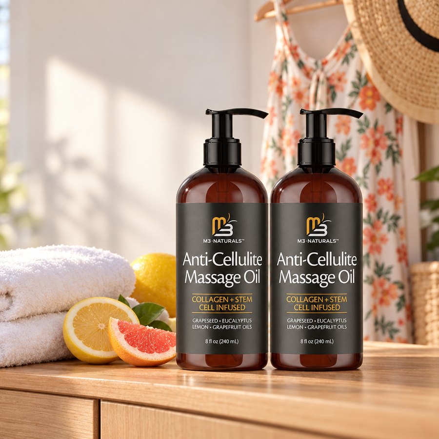 Dos frascos de aceite de masaje M3 Naturals con bomba negra sobre una cómoda, junto a un vestido de verano y un sombrero de playa