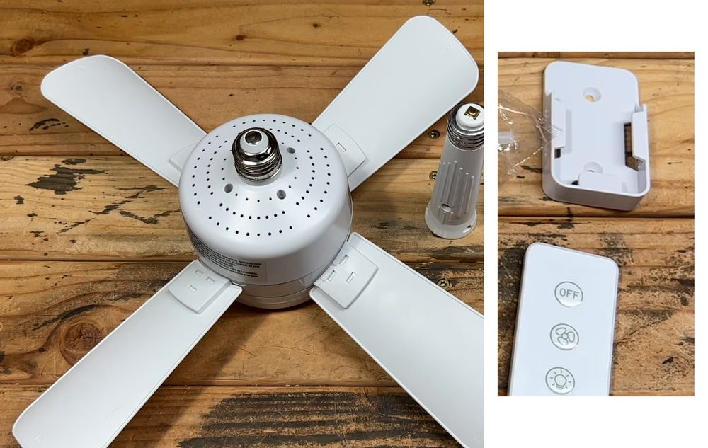 Lo que recibes: la ampolleta ventilador blanca con sus 4 aspas, el extensor, el soporte del control y el control remoto de 3 botones