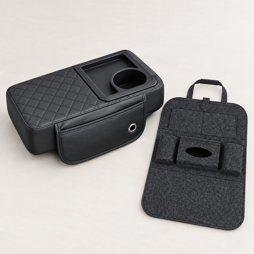 Lo que recibes: 1 apoyabrazos de consola negro con bandeja y bolsillo lateral y, al lado, 1 organizador de asiento de fieltro gris oscuro de regalo