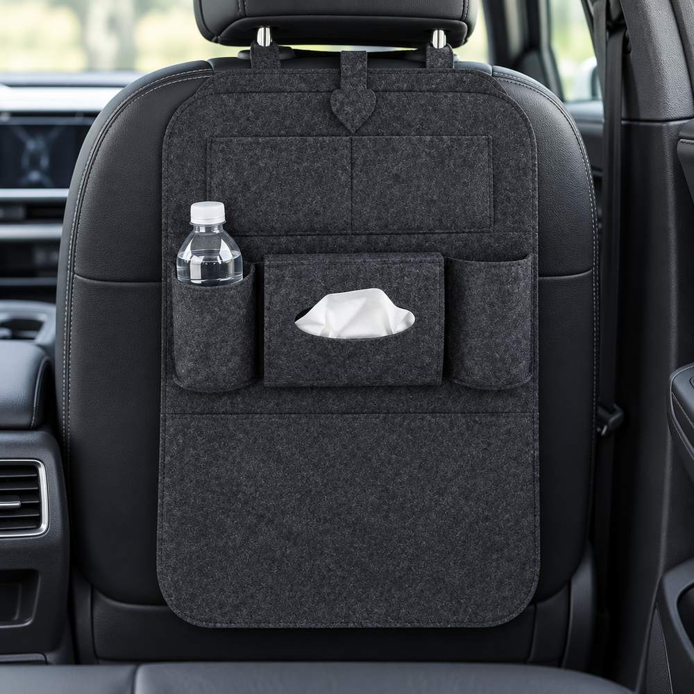 Organizador de asiento de fieltro gris oscuro colgado del respaldo de un asiento delantero, con una botella en un bolsillo lateral y pañuelos en la caja central