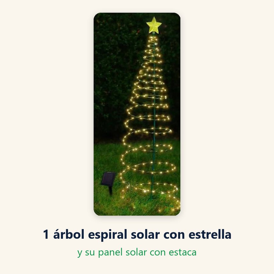 Tu pedido: 1 árbol espiral solar con estrella y su panel solar con estaca