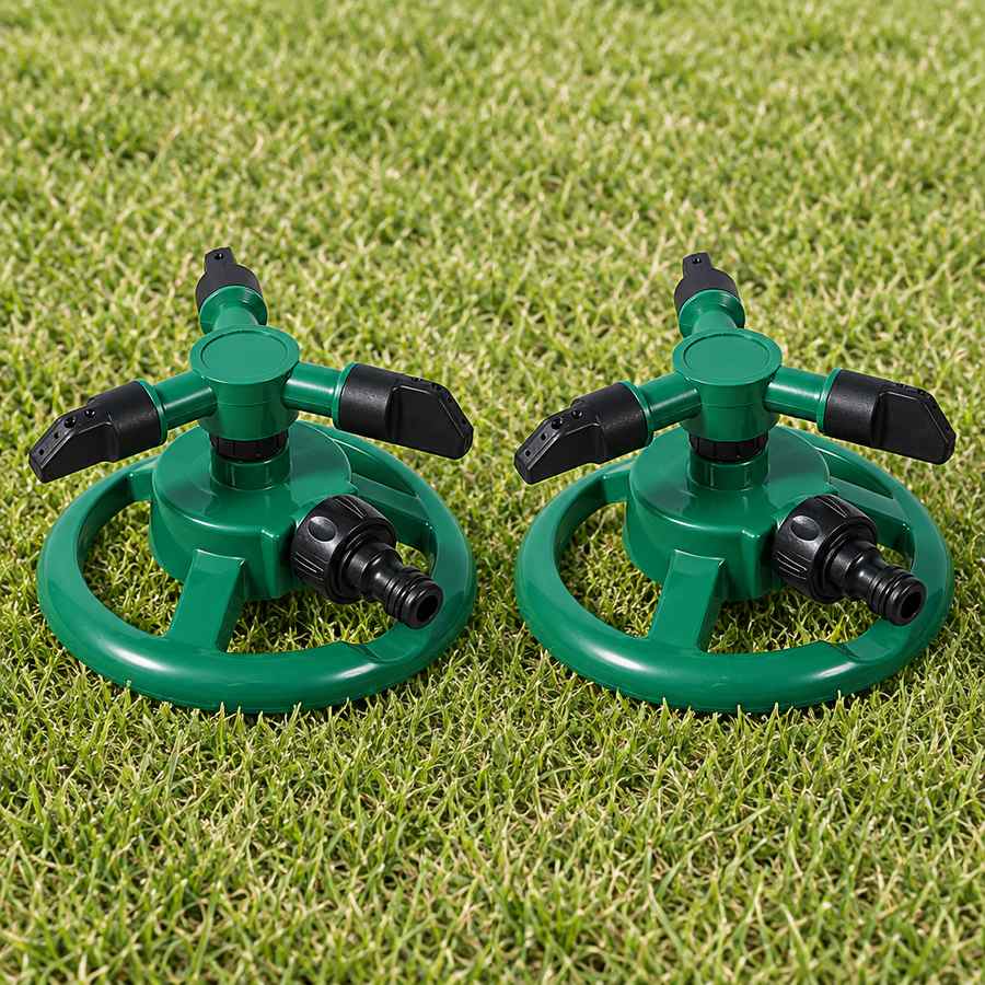 Los 2 aspersores giratorios que llegan en el pedido, iguales entre sí: verdes, con tres brazos de boquillas negras y conector en la base. No incluye manguera