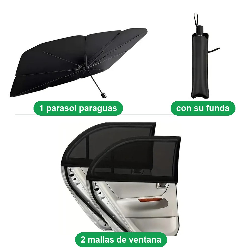 Lo que recibes: 1 parasol paraguas negro con su funda y 2 mallas negras de ventana