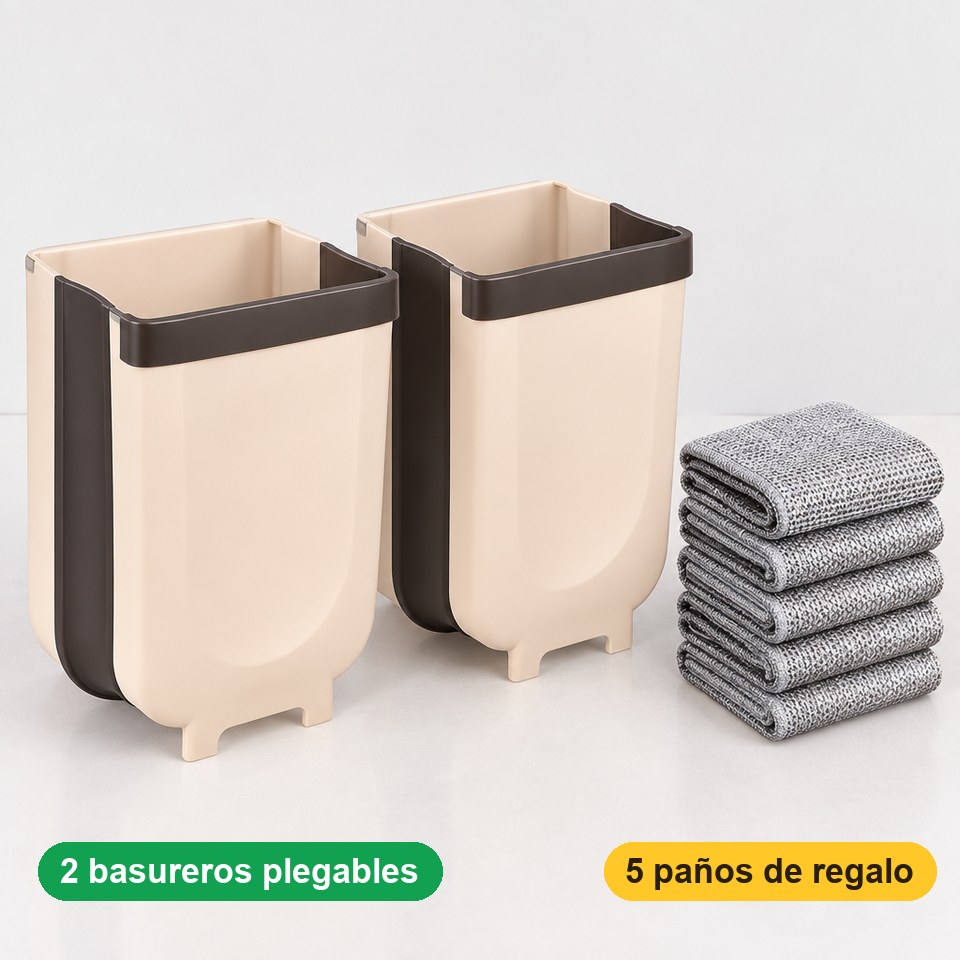 Lo que recibes: 2 basureros plegables beige con aro café y, de regalo, 5 paños de malla metálica gris
