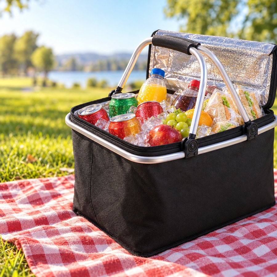 Cooler plegable negro abierto sobre una manta de picnic, lleno de bebidas con hielo, fruta y sándwiches