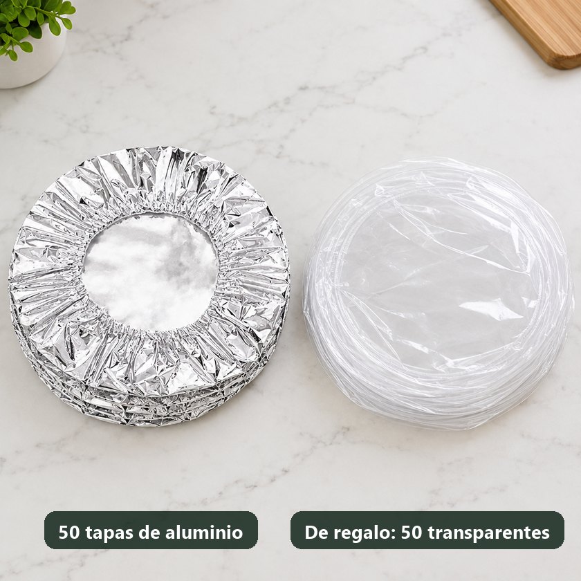 Lo que recibes: 50 tapas de aluminio con borde elástico y, de regalo, 50 tapas transparentes de plástico (imagen de apoyo; las transparentes están dibujadas de forma genérica)