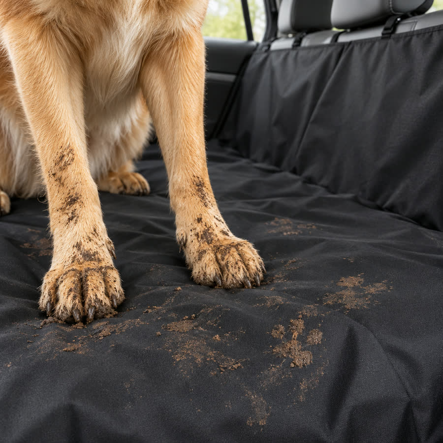Las patas de un perro con barro apoyadas sobre una cubierta negra que tapa el asiento trasero de un auto