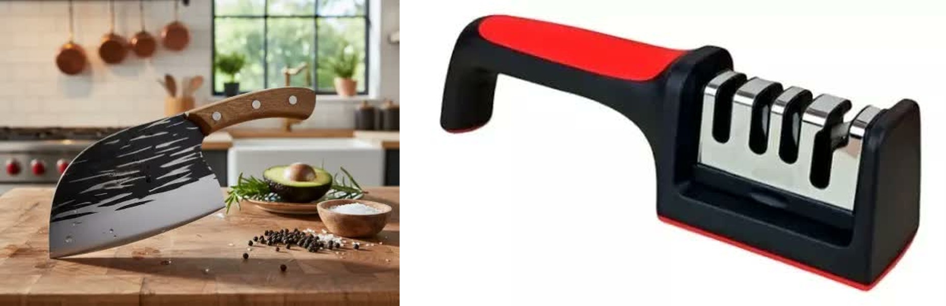 Cuchillo de chef de hoja ancha con mango de madera y afilador de mano de mango rojo y negro