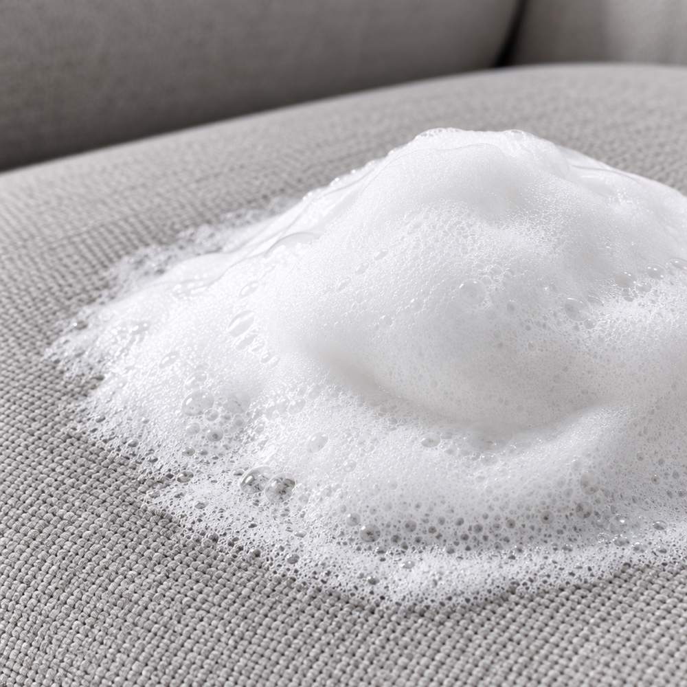Espuma blanca recién rociada sobre una tela de tapizado gris claro, vista de cerca