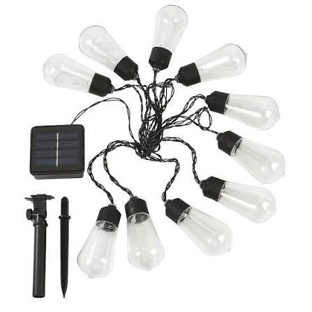 Guirnalda solar con 10 ampolletas transparentes, panel solar cuadrado y estaca