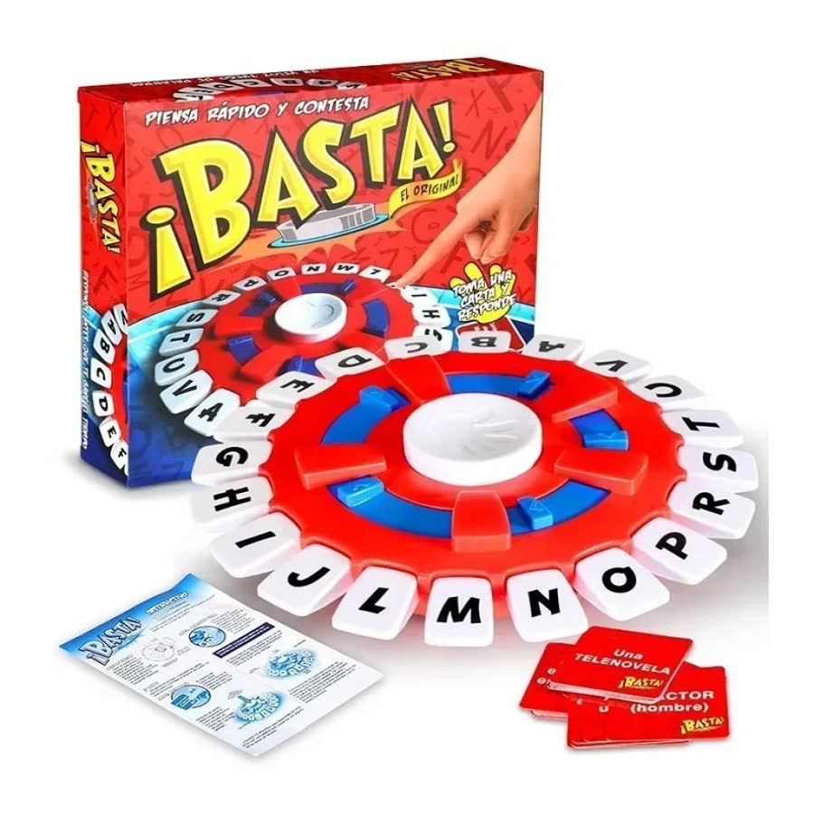 Lo que recibes: la caja del juego Basta, el tablero rojo con letras, las tarjetas de categorías y las instrucciones
