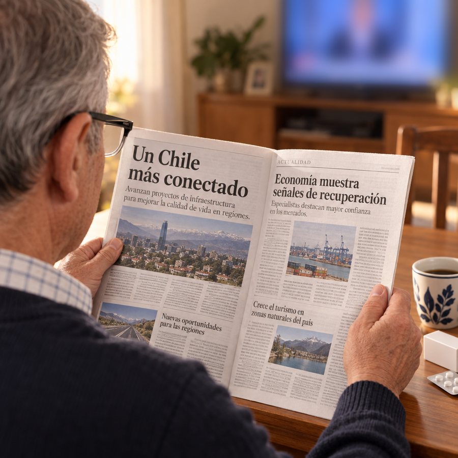 Hombre de espaldas con lentes negros lee el diario en la mesa, con una caja de remedios al lado