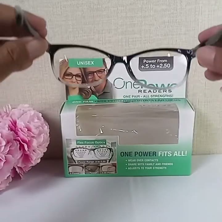 Lentes negros One Power frente a su caja