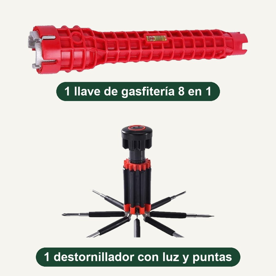Lo que recibes: 1 llave de gasfitería 8 en 1 y 1 destornillador con luz y puntas