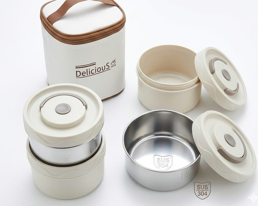 Set de frascos con interior de acero y bolso térmico color crema