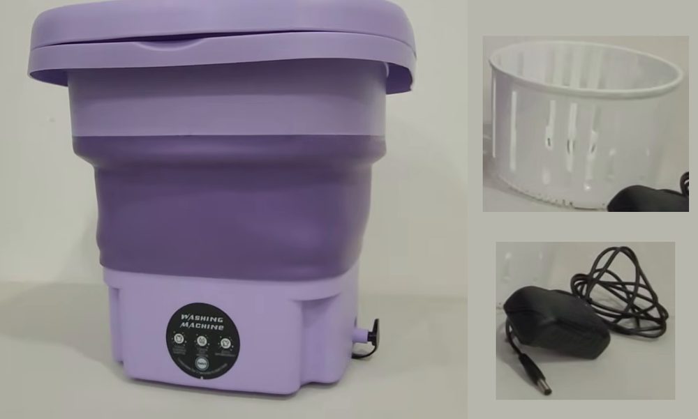 Lo que recibes: la mini lavadora lila armada, la canastilla blanca de centrifugado y el adaptador de corriente