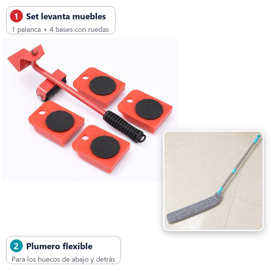 Las dos piezas del pack: el set rojo de palanca con 4 bases con ruedas y el plumero plano de mango metálico