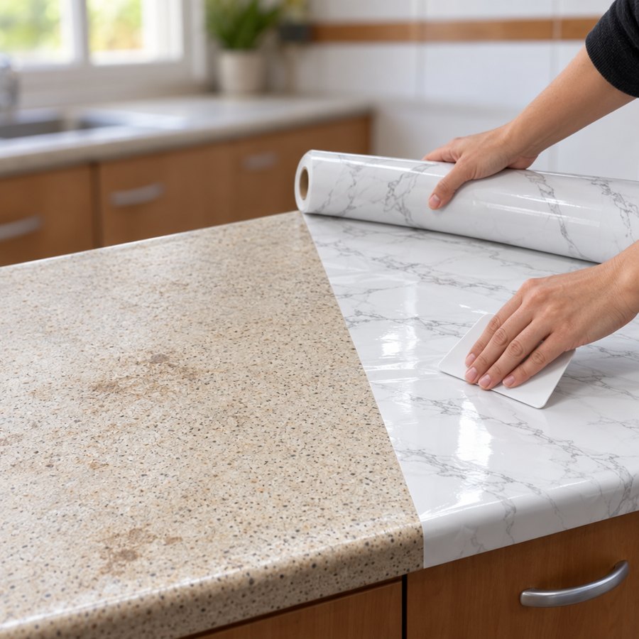 Manos pegando papel adhesivo blanco con vetas de mármol sobre un mesón de cocina viejo