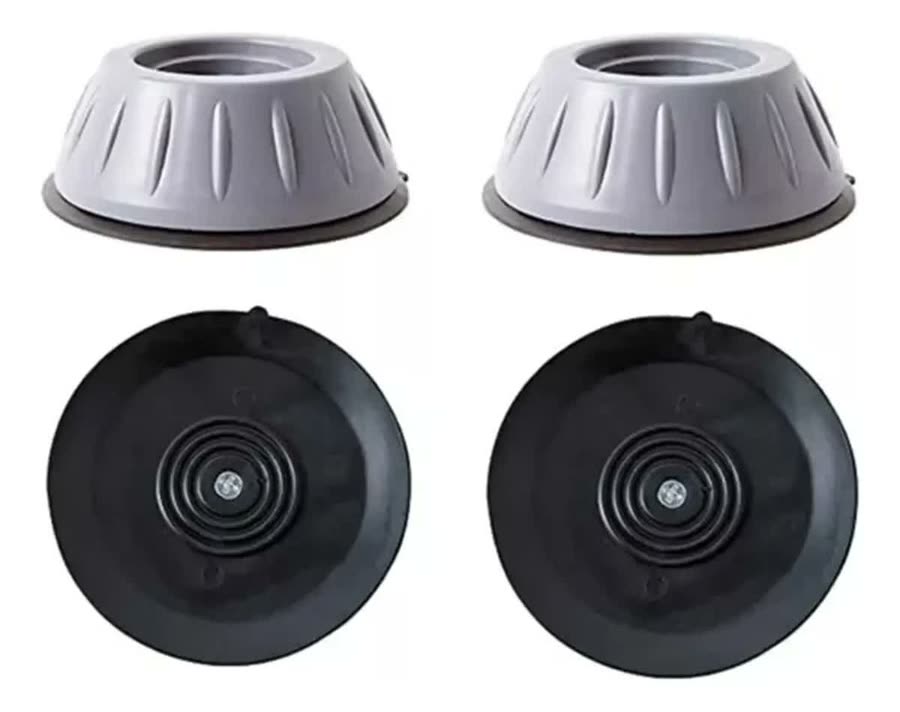 Detalle de dos patas antivibración: copa gris arriba y, abajo, la base negra de goma con anillos