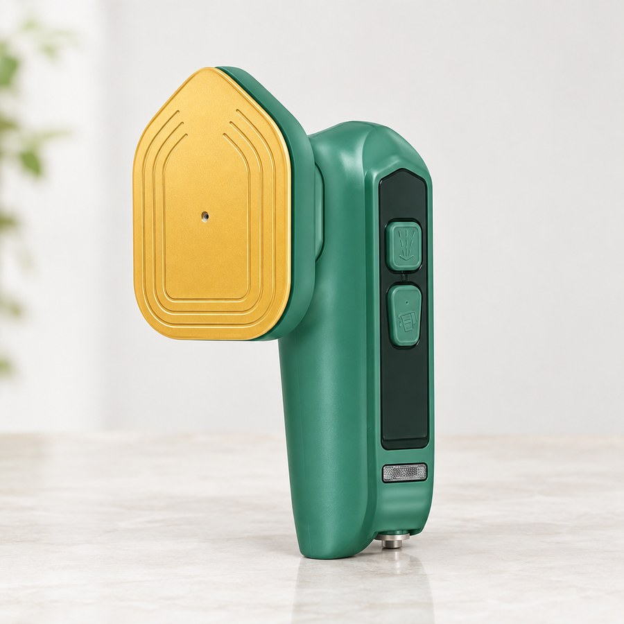 Lo que recibes: una mini plancha a vapor de mano verde con placa dorada y dos botones cuadrados