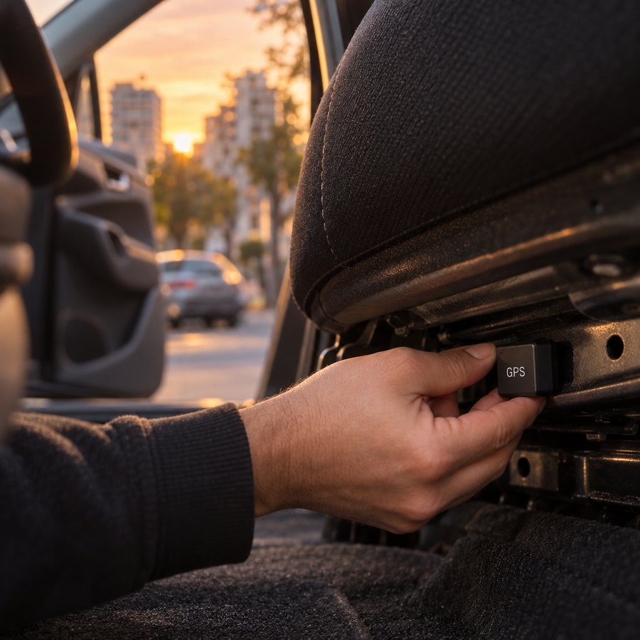Mano dejando el rastreador negro escondido bajo el asiento de un auto