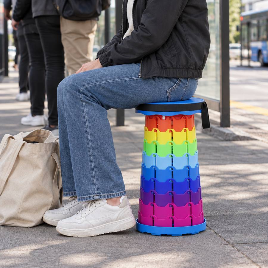 Una persona sentada en el taburete retráctil abierto en la fila del paradero, con su bolso al lado