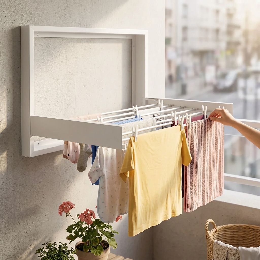 Tendedero de Ropa Plegable Retráctil de Pared 80cm | Secado Eficiente y Discreto | + Regalo: Alfombra de baño absorbente antideslizante detalle