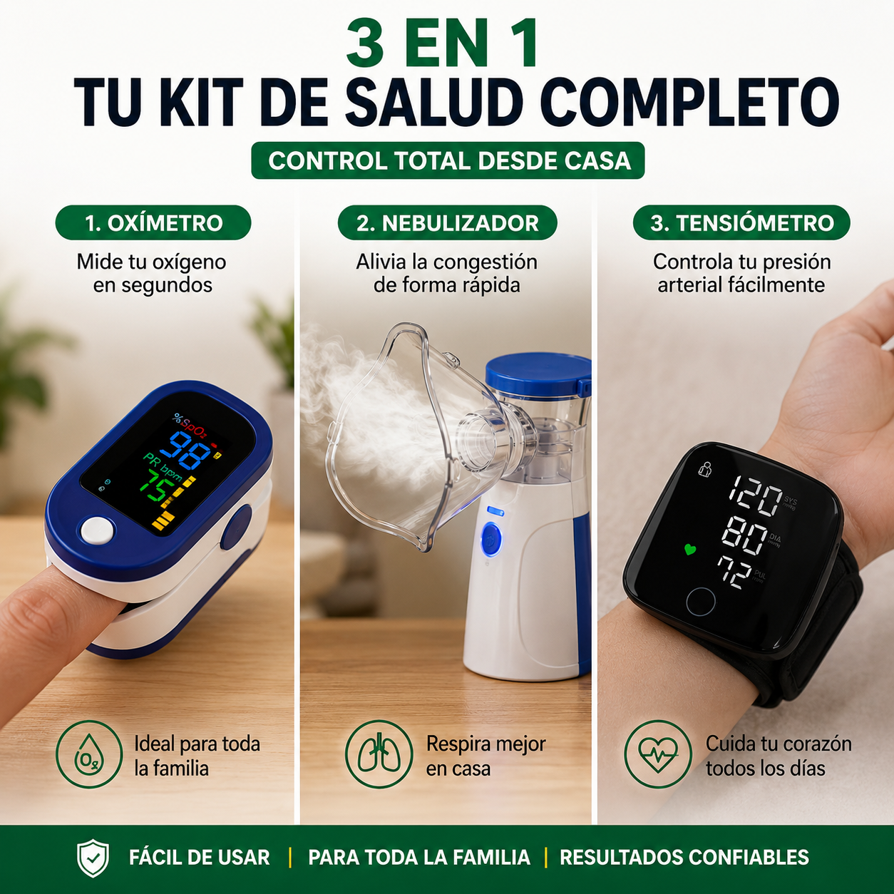 Un solo kit que cubre el trípode del monitoreo en casa: presión, respiración y oxígeno